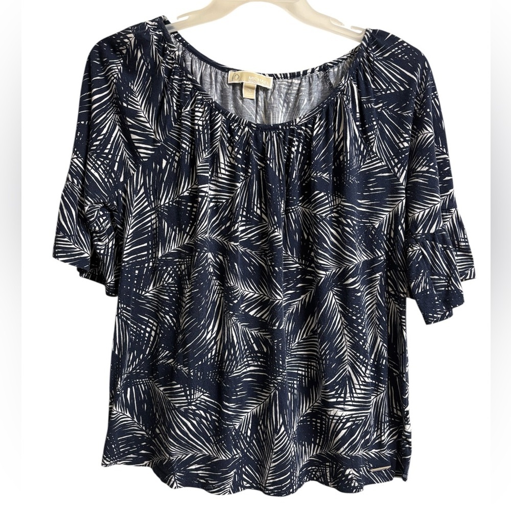 Michael Kors Navy and White Leaf Print Blouse - Picture 1 of 5